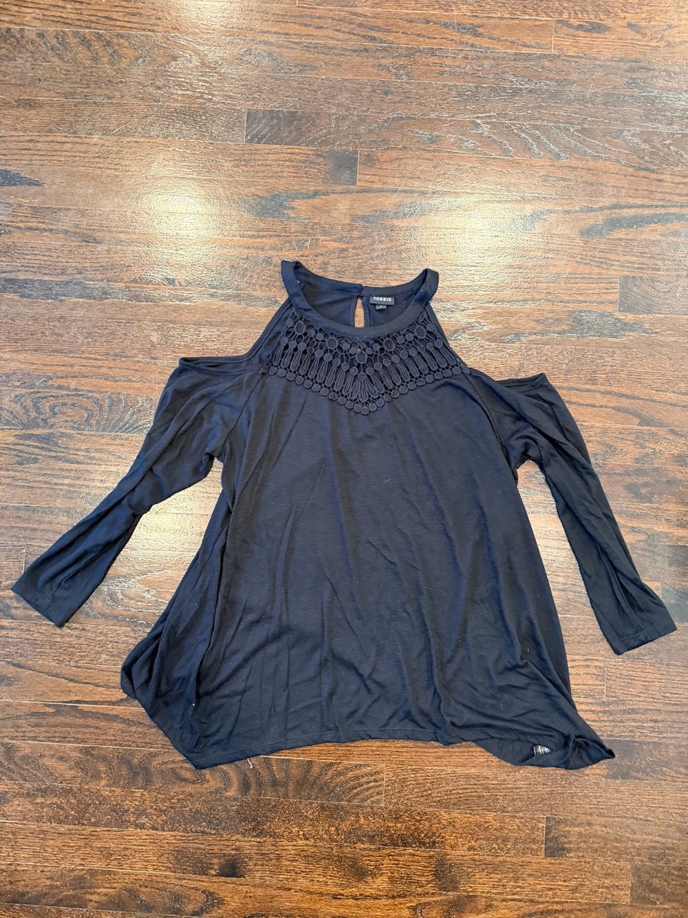 Women’s Black Cold-Shoulder Crochet Yoke Top. Torrid.